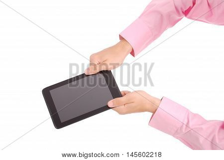 Man holding both hands tablet PC isolated on white