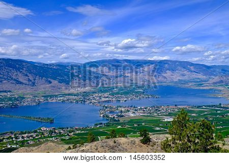 Orchards, vineyards, lake and mountains.  Osoyoos British Columbia Canada.
