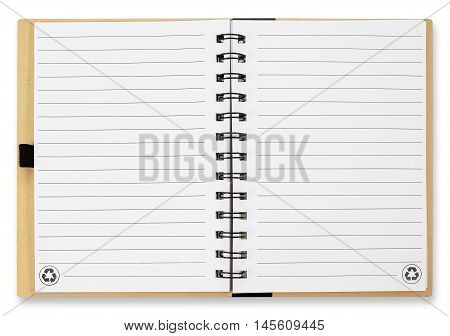 Open notebook with white lined pages isolated on white background.