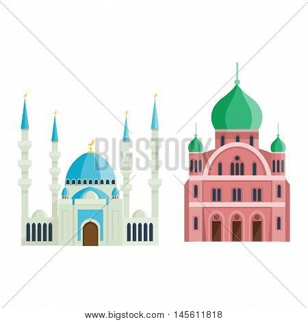 Cathedral and churche infographic temple building landmark tourism vector. Temple building world religions. Cathedral and churche temple building.