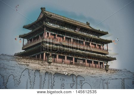 Beijing, China at the Zhengyangmen Gatehouse in Tiananmen Square. Beautiful historical building at sunset. Vintage painting, background illustration, beautiful picture, travel texture