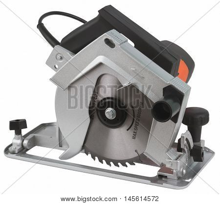 Electric circular saw. Circular saw is designed for cutting wood and plastic. Object is isolated on white background without shadows.