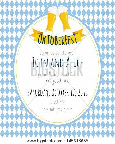 Vector detailed flat illustration of oktoberfest party invitation with two beer mugs on rhombic oktoberfest background.
