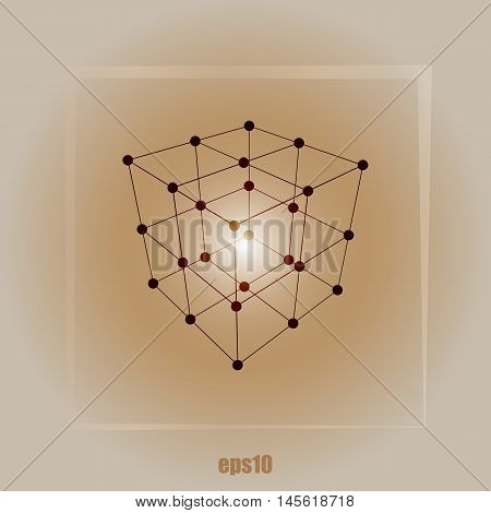 Wire Frame Polygonal Element. Cube With Lines And Dots