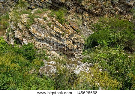 Coastal cliffs mountain Opuk with bird nests. Opuksky Reserve is located on the southern coast of Kerch Peninsula.