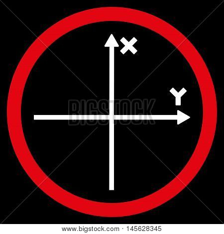 Cartesian Axis vector bicolor rounded icon. Image style is a flat icon symbol inside a circle, red and white colors, black background.