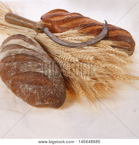 bunch of mown wheat ears with vintage handmade reaper hook sickle and rye and white dark french fresh bread loaf on light linen tablecloth