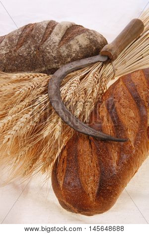 bunch of mown wheat ears with vintage handmade reaper hook sickle and rye and white dark french fresh bread loaf on light linen tablecloth