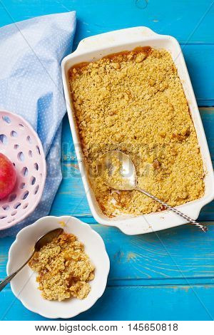 apple cramble with oat flakes. top view. selective focus