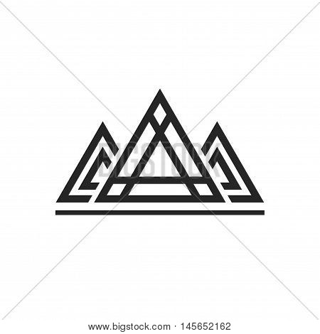 Abstract sacred geometry triangles logo sign isolated on white background, concept of royal king emblem, luxury constructions, pyramid shapes line art outline design