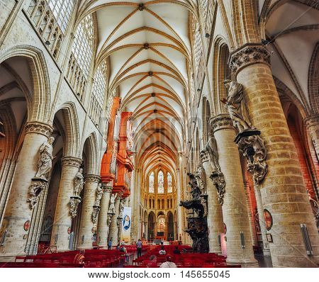 Brussels, Belgium - July 07, 2017 : Iinside Cathedral Of St. Michael And St. Gudula  Is A Roman Cath