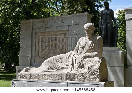 Monument to Santiago Ramon y Cajal. It is located at Retiro Park Madrid Spain. Its author is the sculptor Victorio Macho and was inaugurated on 1926.