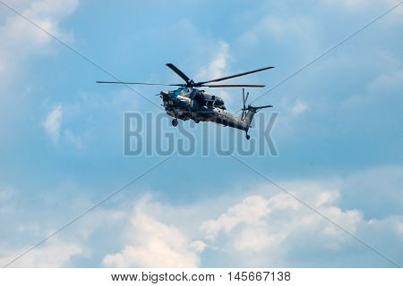 MOSCOW REGION RUSSIA - APRIL 20 2016: Russian Air Force Mi-28 "Havoc" attack helicopter climbing out of the Kubinka airbase to training flight for the Great Victory Day military parade