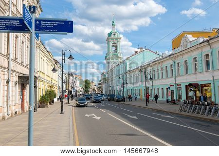 MOSCOW - JUNE 10 2016: the Urban landscape. View of Pyatnitskaya street and the Church of St. John the Baptist under Bor