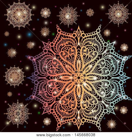 Snowflake Winter Set. Magic Theurgy Elegant Filigree Line Art Hand Drawing Pattern. Graceful Flake O