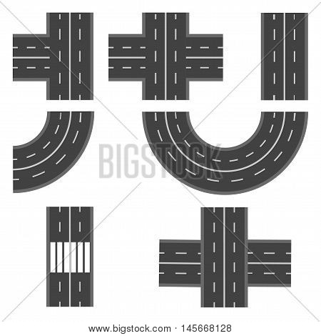 Set of different road, highway sections. Vector illustration