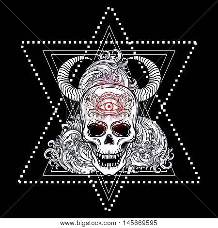 Skull With Bull Horns Feathers And Third Eye. Sacred Geometry Alchemy Religion Philosophy Spirituali