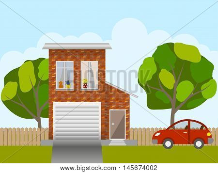 Front of the house, the trees in the yard and the car, lifestyle scene. Vector illustration