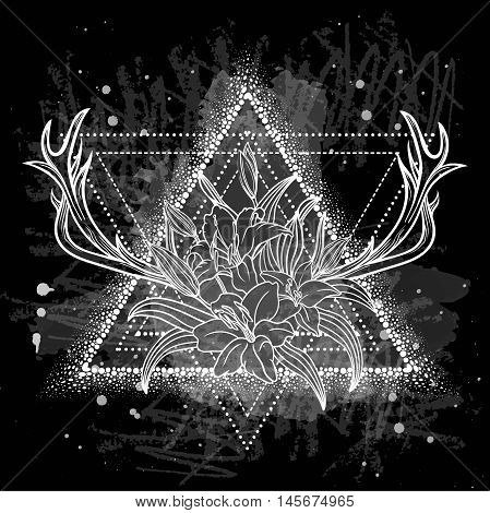 Lily Flower Isolated Over White. A Bouquet Of Flowers And Deer Horns Inside A Triangle. Vector Illus