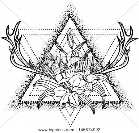 Lily Flower Isolated Over White. A Bouquet Of Flowers And Deer Horns Inside A Triangle. Vector Illus
