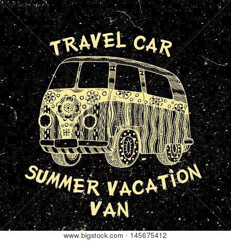 Vector illustration with bus and text: Travel car Summer vacation van. Vintage style. Perfect inspirational motivation poster