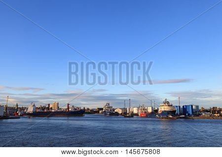 ABERDEEN SCOTLAND - 27 JANUARY 2016: Big supply boats in Aberdeen harbor on 27 January 2016. Aberdeen port is one of the busiest ports in UK.