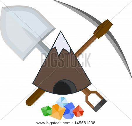 Flat icon with mountain and mining tools