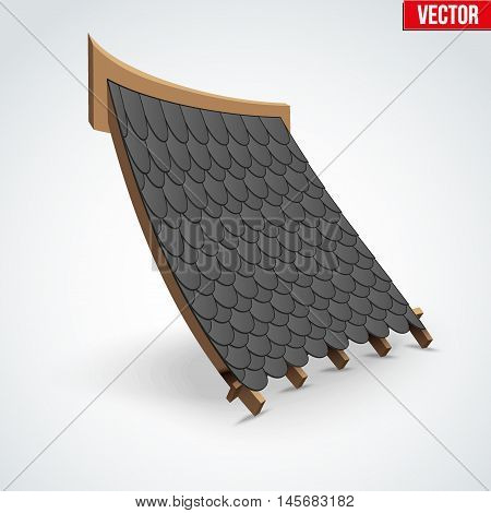 Icon demonstration black shingles bitumen roofing cover on the roof. Cartoon, style. Vector Illustration isolated on white background.