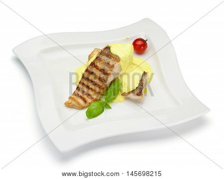 Fish Steak With Cheesse Sauce Isolated On White Background