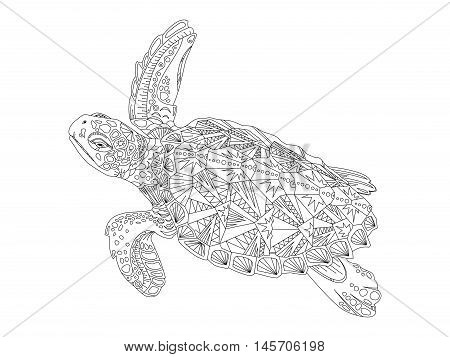 Turtle coloring book vector illustration. Anti-stress coloring for adult. Zentangle style. Black and white lines. Lace pattern