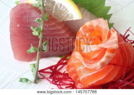 Japanese sashimi set consisting of salmon tuna and hamachi