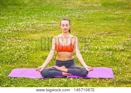 Young Woman Practicing Yoga In The Park.