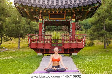 Young Woman Practicing Yoga In The Park.