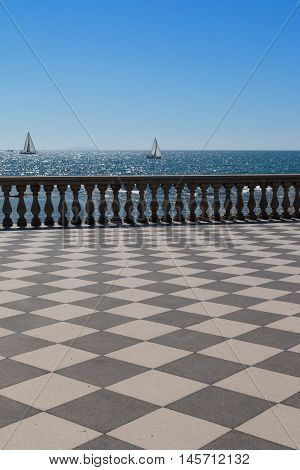 Livorno' s Mascagni Terrace and White Sailing Boats in Background Tuscany - Italy