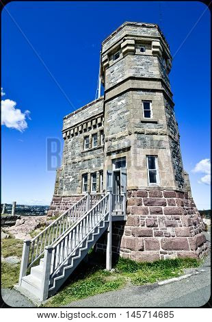 Rectilinear wide angle view of entrance to radio communications tower, Signal Hill, St. John's, Newfoundland, Canada.