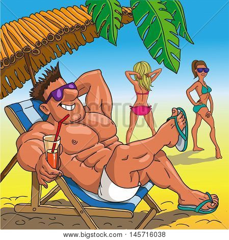 man at the beach drinking a cocktail