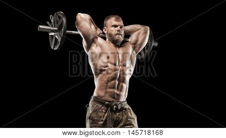 Strong Athletic Man bodybuilderl Torso showing muscles in gym