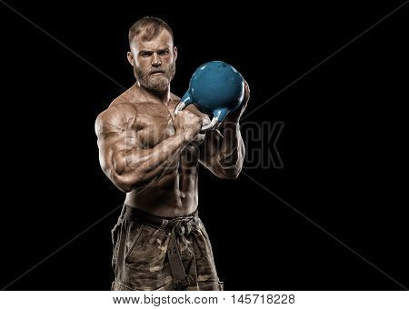 Strong Athletic Man bodybuilderl Torso showing muscles in gym