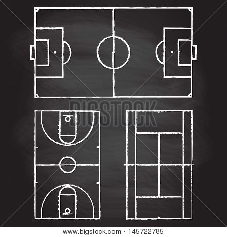 Football or soccer, tennis and basketball fields isolated on blackboard texture with chalk rubbed background. Realistic blackboard for tactic plan. Vector illustration.