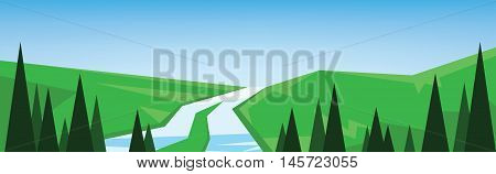 Vector abstract green landscape with a river and green hills, flat style.