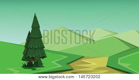 Vector abstract green landscape with a green pine tree, brown river and green hills, flat zigzag style.