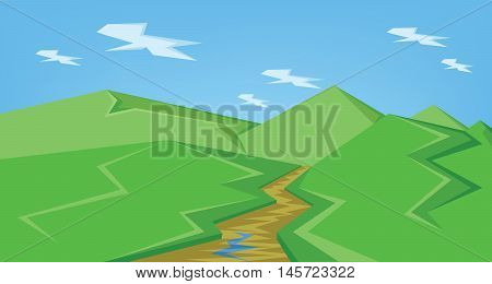Vector abstract green landscape with a brown river and green hills with blue sky, flat style.