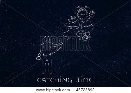 Person With Lasso Collecting Falling Clocks, Time Management Concept
