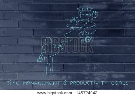 Person With Lasso Collecting Falling Clocks, Time Management Concept