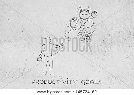 Person With Lasso Collecting Falling Clocks, Time Management Concept