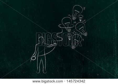 Person Collecting Lightbulbs (ideas) With A Lasso, Creativity Concept