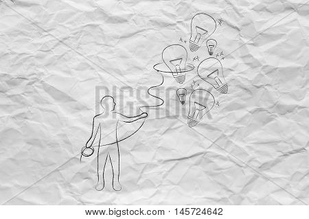 Person Collecting Lightbulbs (ideas) With A Lasso, Creativity Concept