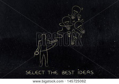 Person Collecting Lightbulbs (ideas) With A Lasso, Creativity Concept