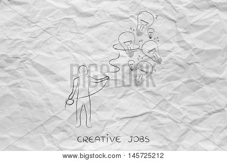 Person Collecting Lightbulbs (ideas) With A Lasso, Creativity Concept