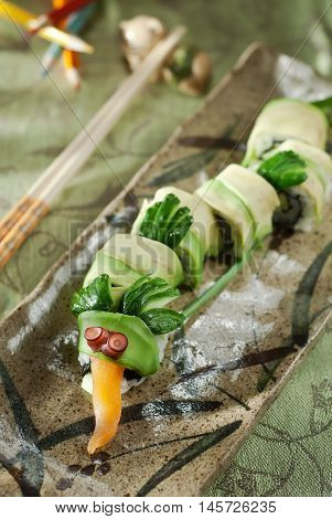 Green dragon. sushi roll. Japanese menu for kids.